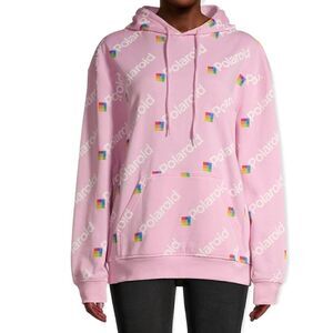 POLAROID ALLOVER LOGO PRINT HOODED SWEATSHIRT HOODIE PINK LARGE